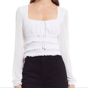 NWT FREE PEOPLE WHITE SHIRRED WAIST SHEER SLEEVE FRILL TRIM PEASANT TOP